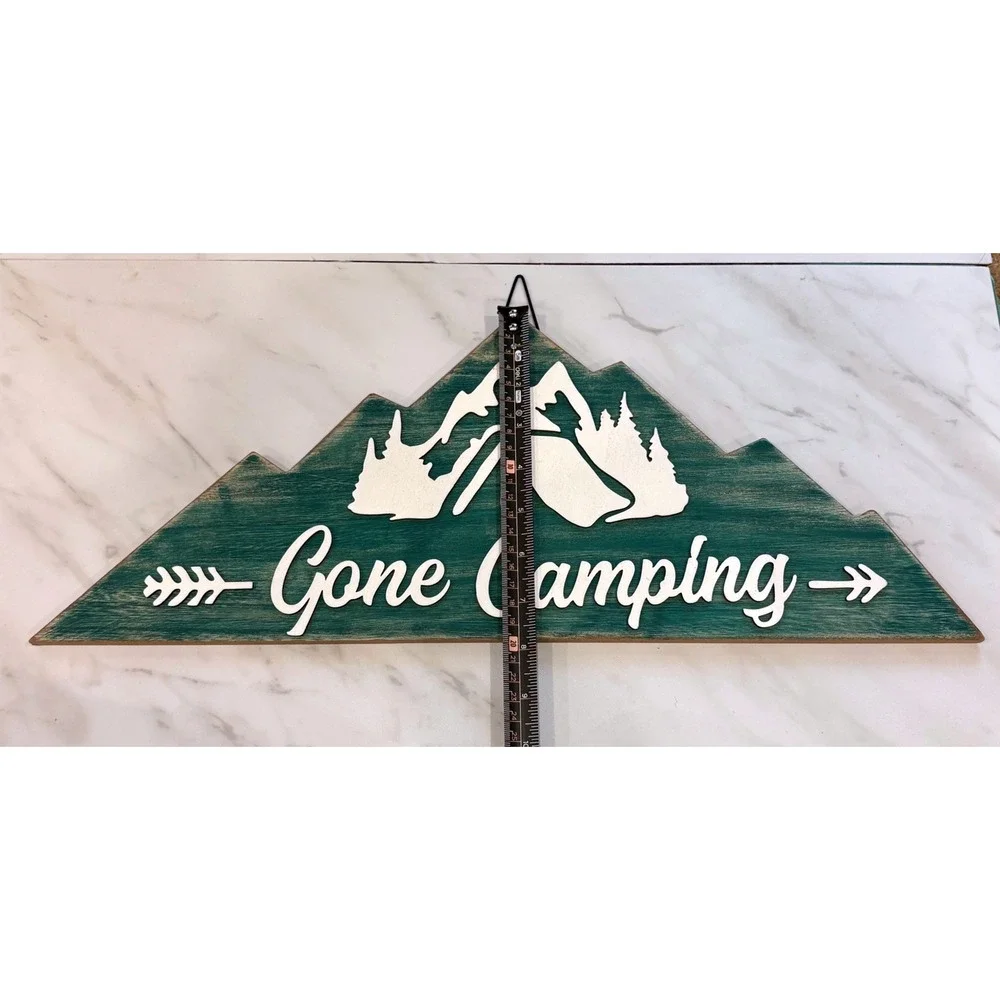 Gone Camping Sign Home Decor Green Mountain Shape Wood Plaque